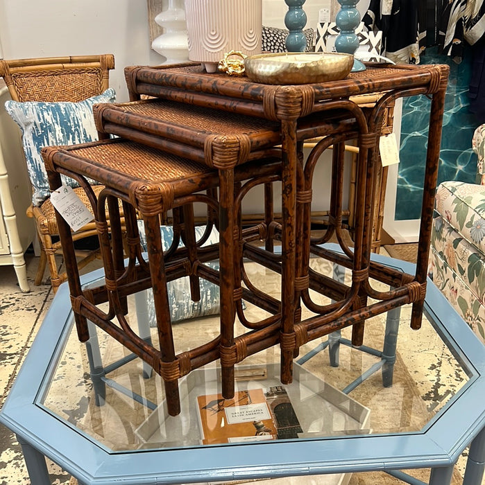 Vintage Tortoise Bamboo Nesting Table Trio