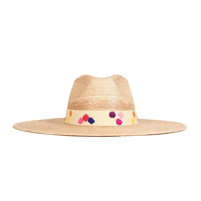 Sunshine Tienda “Maria” Palm Hat with Multicolored Polka Dotted Cotton Woven Bad