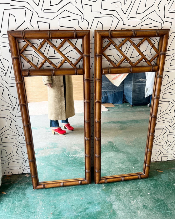 Chinese Chippendale Faux Bamboo Mirror Pair
