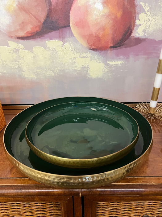 Green Lacquer and Hammered Brass Trays